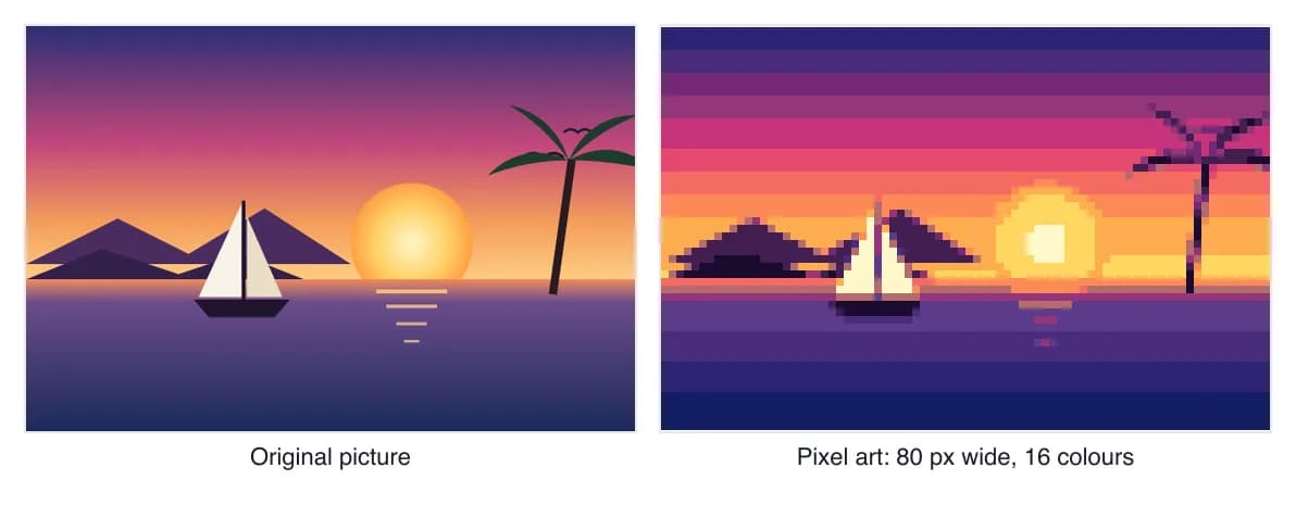 Photo to pixel art example: a sunset picture with a sailboat next to the same picture converted to 80 pixel wide pixel art with 16 colours