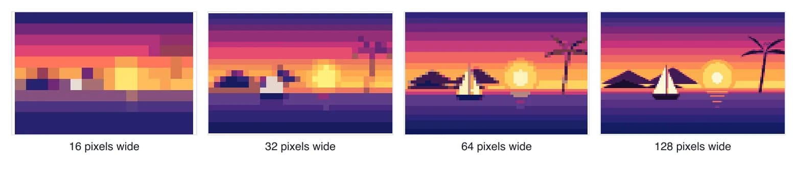 Pixel art converter pixel size comparison: the same picture at 16, 32, 64 and 128 pixels wide